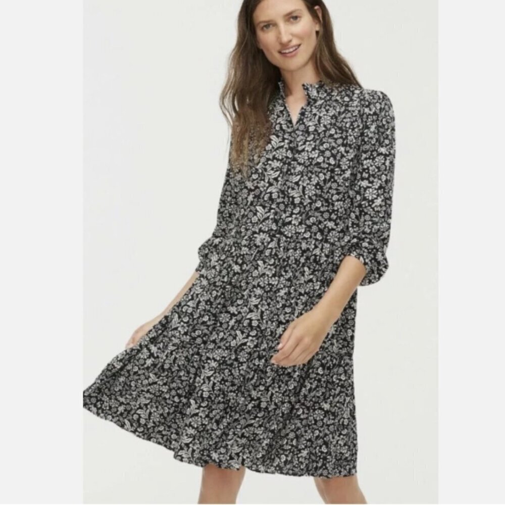 J. CREW Long Sleeve Shirt Dress Black and White Tossed Bouquet Size Small